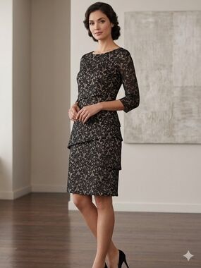 Tahari ASL Black Lace-Overlay Tiered Midi Dress